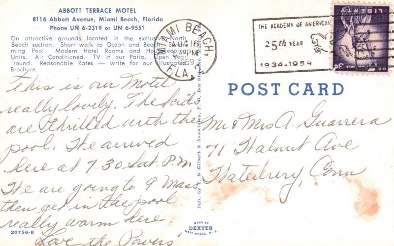 Postcard FL Miami Beach Abbott Terrace Motel 1959 Chrome Vintage PC