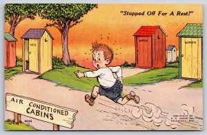 Comic~Child Runs By Outhouses~Stopped For Rest~EC Kropp Vintage Linen Postcard