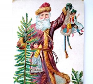 Santa Claus Christmas Postcard Old World Purple Robe Coat Tree Germany Series 14