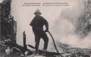 Belgium Fireman Putting Out Fire Hose Brussels 1910 Exposition Postcard