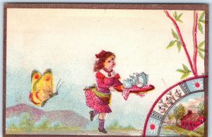 c1880s Lovely Little Girl Home Tea Artistic Trade Card Exaggerated Butterfly C30