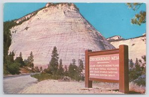 Zion National Park Utah~Checkerboard Mesa & Sign~1950s Postcard