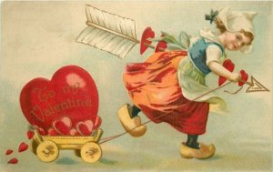 Artist impression 1909 Dutch Girl Valentine Heart Pull Cart Postcard 20-7498