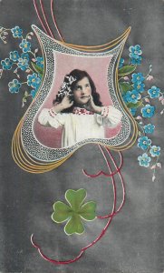 B572 Girl portrait in floral art nouveau frame good luck forget-me-not shamrock