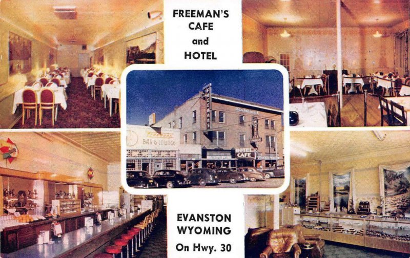 FREEMAN'S CAFE & HOTEL Evanston, WY Interiors Lincoln Highway ca 1950s Postcard