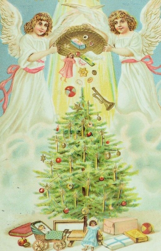 C.1900-10 Germany Embossed Angels Christmas Tree Toys Vintage Postcard F56