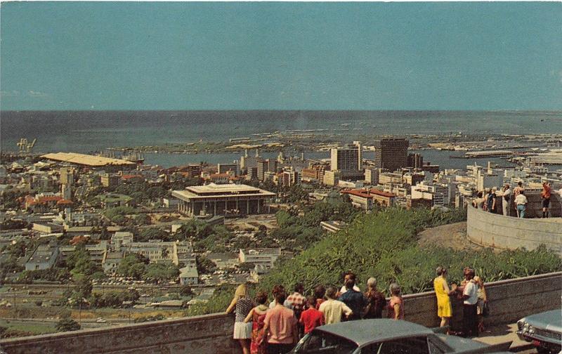 Honolulu Hawaii View from Punchbowl Crater~Skyscrapers~Harbor~1960s Postcard