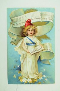 C.1910 Patriotic Postcard Adorable Girl Singing America Stars F31