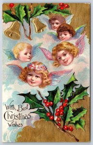 Christmas~Winged Angel Faces In Clouds~Gold Bells~Holly~Textured Gold Sky~Emboss
