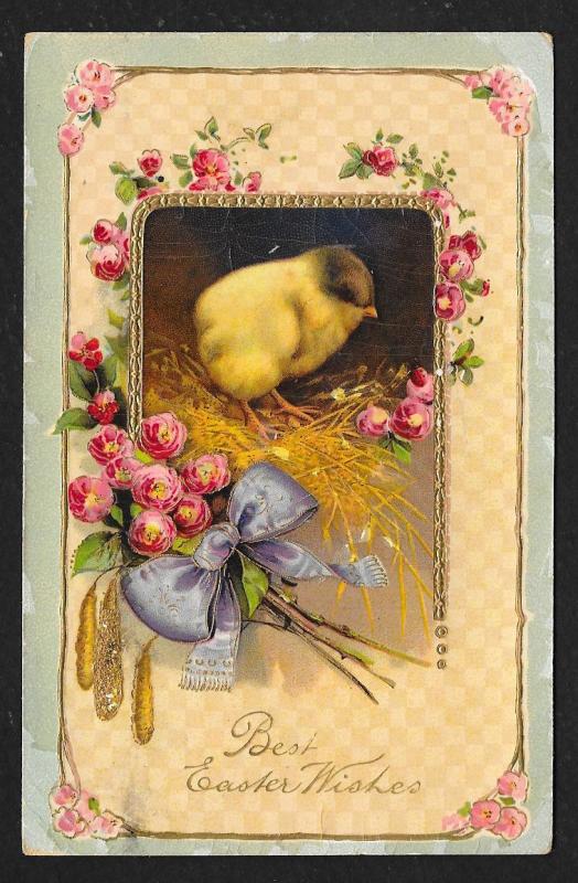 'Best Easter Wishes' Flowers & Chick Used c1911