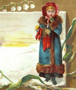 1880s Victorian Christmas Card Winter Snow Cute Girl & Doll #5E