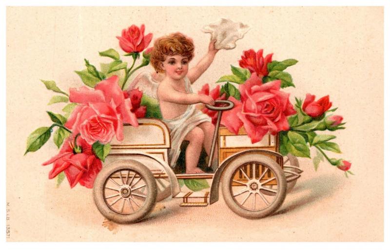 Valentine , Cherub in Antique Car