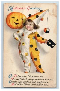 1923 Halloween Wolf Clapsaddle Girl Jester JOL Mask #31 Clown Postcard