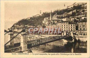 Old Postcard Grenoble Suspension Bridge and the Quays Teleferique Bastille Re...