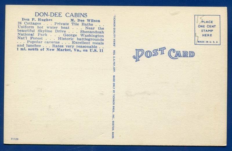 Don Dee Cabins New Market Virginia va old linen postcard #1