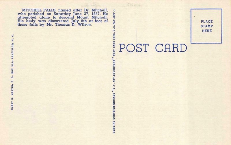 NC, North Carolina  MITCHELL FALLS~Water Falls   Yancey County  c1940's Postcard