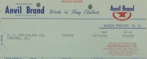 1956 Anvil Brand High Point N.C. Work 'n' Play Clothes Invoice Overalls 376 