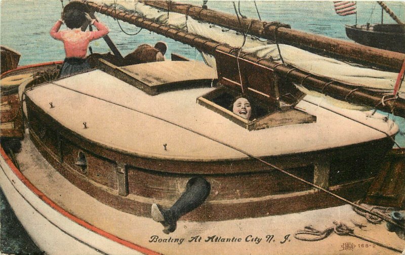 Vintage Postcard Boating at Atlantic City NJ Woman Stuck in Portal