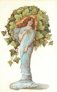 Vintage Italian Art Postcard 4048-2 Lovely Lady in Blue Surrounded by Ivy Vines