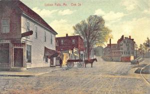 Lisbon Falls ME Oak Street Storefronts Delivery Wagon Postcard