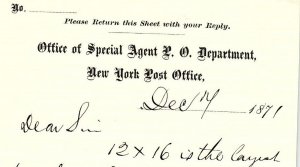 1871 OFFICE OF SPECIAL AGENT NEW YORK POST OFFICE LETTER BILLHEAD Z4232