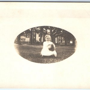 c1910s Outdoor Adorable Laughing Baby Girl RPPC Teddy Bear Toy Real Photo A161