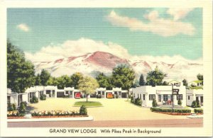 Linen Postcard Grand View Lodge Pikes Peak in Background 3212 W. Colorado Ave