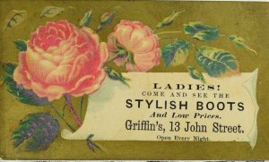 1870's-80's Victorian Trade Card Ladies Stylish Boots Pink Roses P49