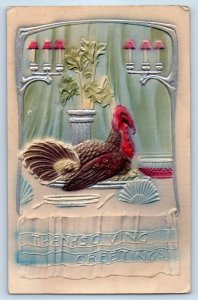 c1910's Thanksgiving Greetings Turkey On The Table Airbrushed Embossed Postcard