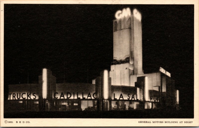 Vtg 1933 General Motors Building At Night Century Of Progress Chicago Postcard