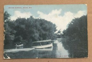 1909 USED .01 POSTCARD - BOATING ON THE RIVER, RACINE, WISCONSIN