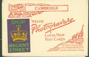CAMBRIDGE UK PHOTOCHROM ORIGINAL POSTCARD SLEEVE ONLY~SHOP IN REGENT ST STICKER
