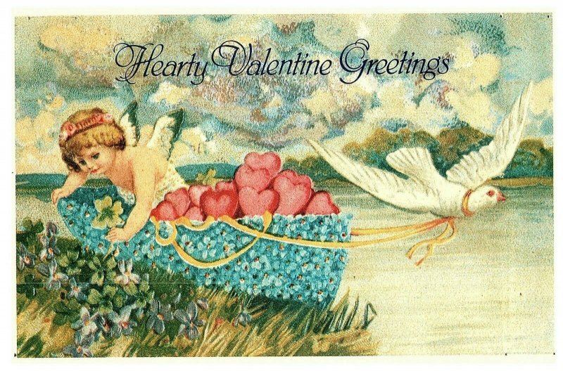 Valentine Greetings Angel & Dove w / Hearts Lillian Vernon Hong Kong Postcard