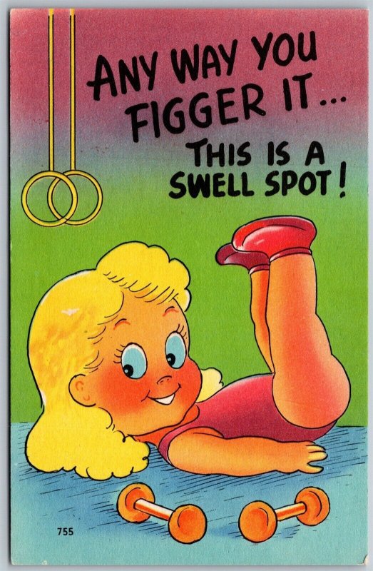 Vtg Comic Any Way You Figger It...This Is A Swell Spot Girl Exercise Postcard