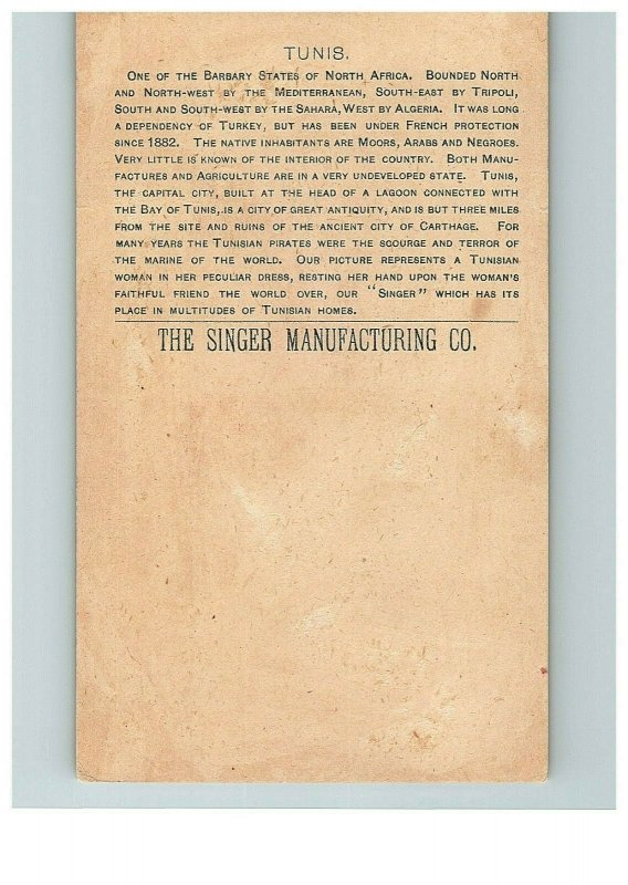 1892 Singer Manufacturing Co Trade Tunis Sewing Card Victorian North Africa