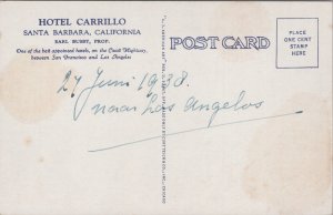 USA Hotel Carrillo Santa Barbara California Linen Postcard 09.93