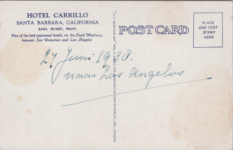 USA Hotel Carrillo Santa Barbara California Linen Postcard 09.93