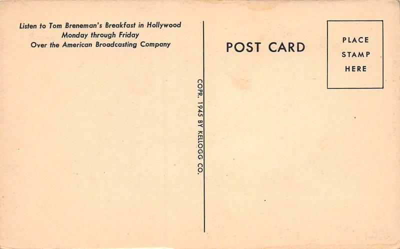 Tom Breneman's Breakfast in Hollywood, California, Early Postcard, Unused