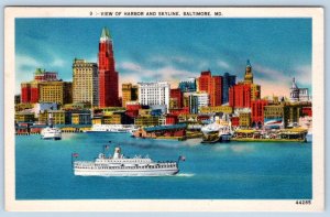 1940-50's BALTIMORE MARYLAND MD VIEW OF HARBOR AND SKYLINE STEAMSHIP POSTCARD