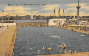 New London Connecticut~Swimming Pool @ Ocean Beach~People~3 Flags~1940s Postcard