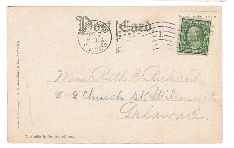 WV Wheeling West Virginia Main Street Flag cancel 1909 AC Bosselman UDB Postcard