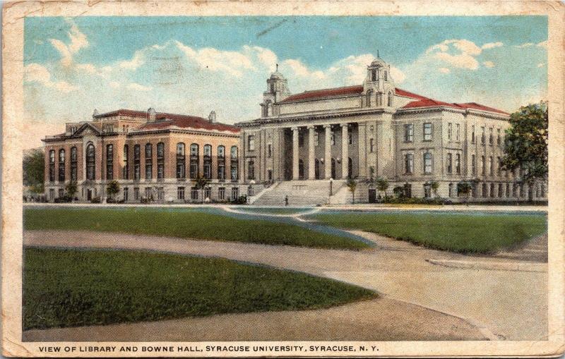 View of Library and Bowne Hall, Syracuse University NY Vintage Postcard L02