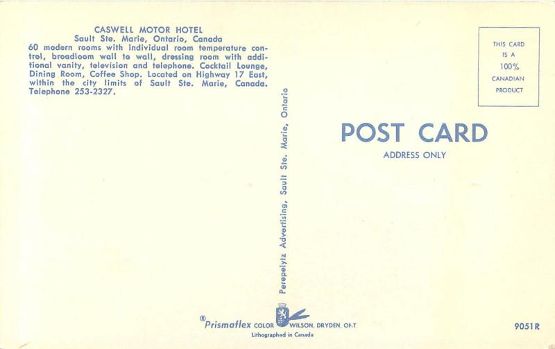 Postcard Caswell Motor Hotel Sault Ste Marie Ontario Canada