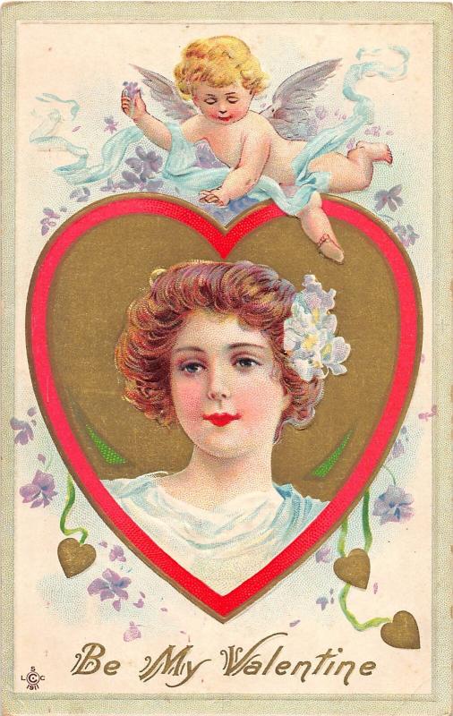 F12/ Valentine's Day Love Holiday Postcard c1910 Cupid Woman Gold 1