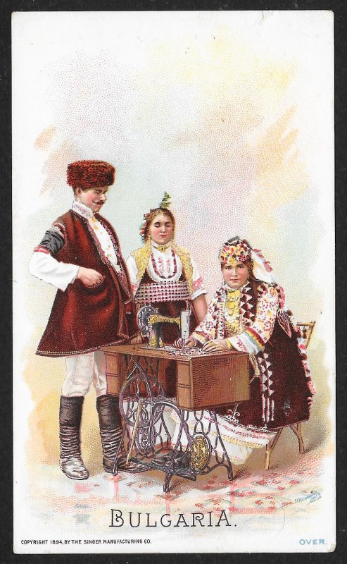 VICTORIAN TRADE CARD Singer Bulgaria Man & Two Ladies At Sewing Machine c1894