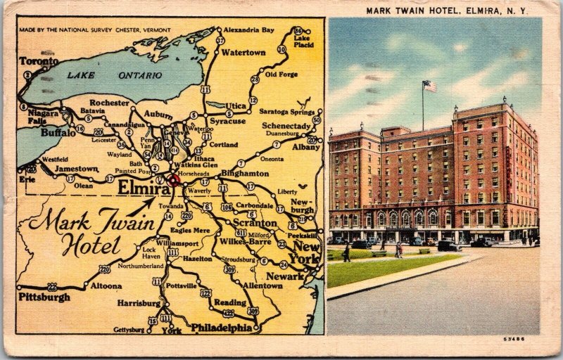Elmira New York~Mark Twain Hotel~Area Map~1941 Linen Postcard JG6