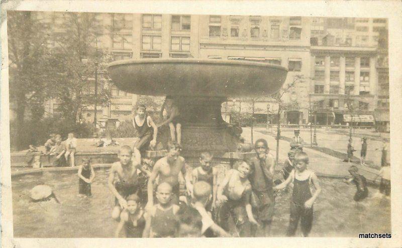 C-1915 Children in City Fountain Summer fun RPPC real photo postcard 7621