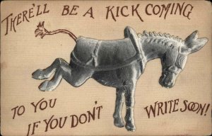 Kicking Donkey Die Cut Figure Novelty Please Write c1910 Vintage Postcard
