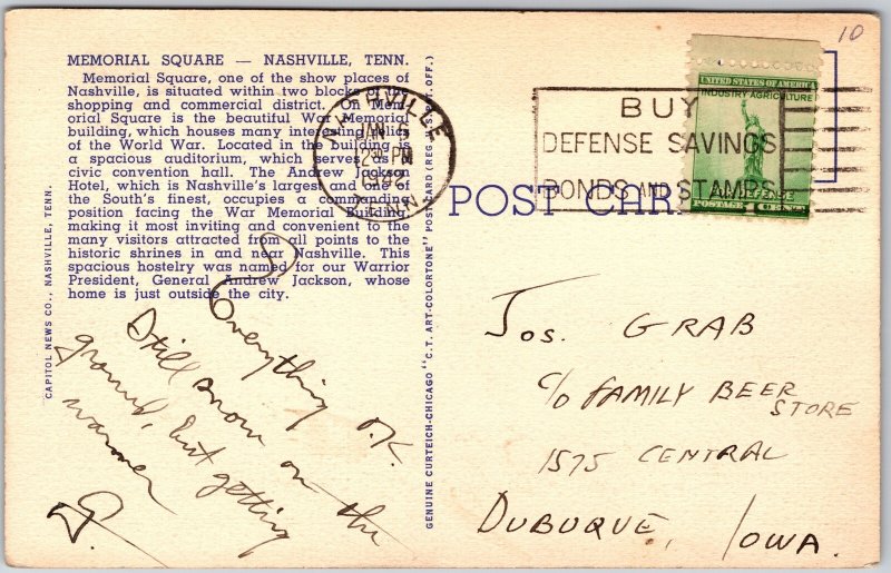 Nashville Tennessee TN, 1942 Memorial Square, Andrew Jackson Hotel, Postcard