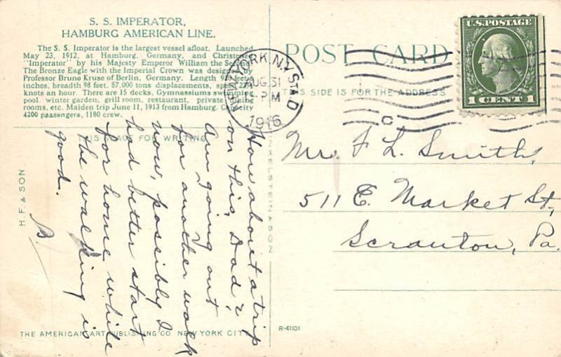 SS Imperator Hamburg-American Line Ship 